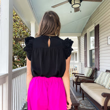 Load image into Gallery viewer, Black Ruffle Sleeve Pleated Top - TwoTwentyTwo Market