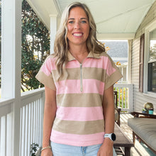 Load image into Gallery viewer, Pink &amp; Taupe Half Zip Stripe Sweatshirt
