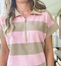 Load image into Gallery viewer, Pink &amp; Taupe Half Zip Stripe Sweatshirt
