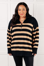 Load image into Gallery viewer, Well Situated Striped Quarter Zip Sweater in Black and Tan
