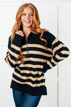 Load image into Gallery viewer, Well Situated Striped Quarter Zip Sweater in Black and Tan
